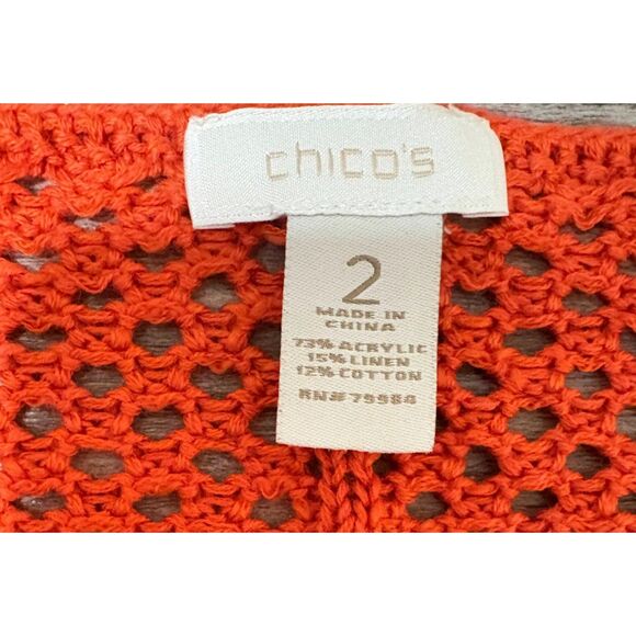 Chico’s Sweater L Coral Linen Blend Crochet Fringe Boho Festival Beachy Top - Picture 4 of 6